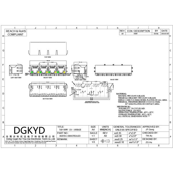 Metal shielded cat 5 quad port rj45 modular jack, 100 BASE-TX / G/Y LEDs