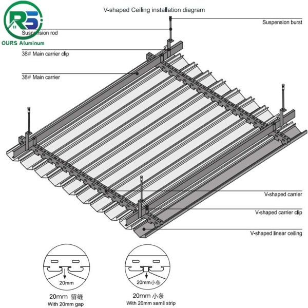 Commercial Roof Linear Aluminium Strip False Ceiling Wood Grain With Bullet Shaped
