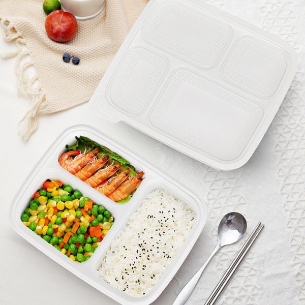 Three compartments starch warp up tray white color eco friendly fast food container with lid