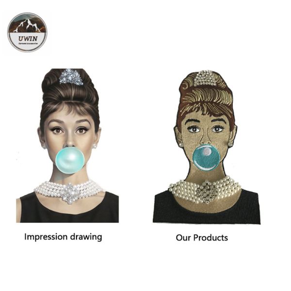 Beautiful Woman 3D Custom Woven Badges , Pearl And Rhinestone Applique For Work Blouse