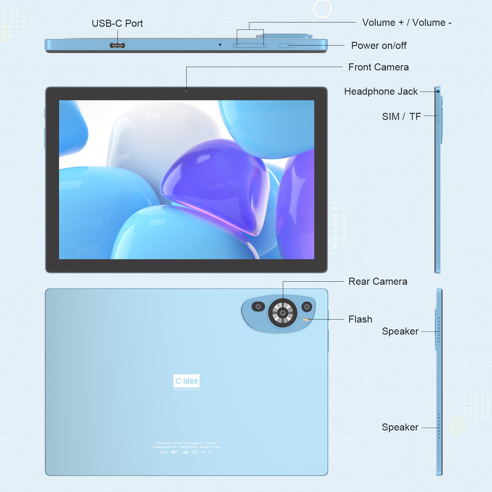 C Idea Android 14 Touch Screen 10.1 Inch Tablets With Keyboard And Pen CM8200plus Blue