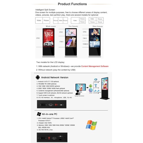 3D Free Standing Digital Display Screens For Advertising Playing All In One Design