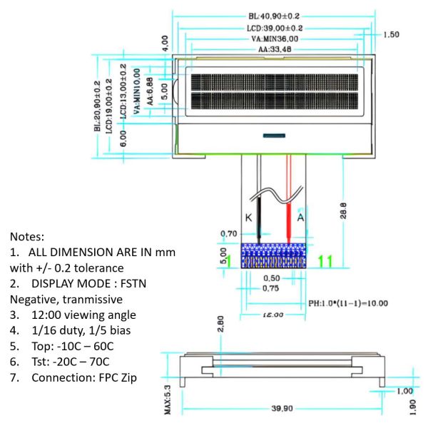 16x2 Characters COG LCD Display Module I2C MPU Interface Vdd 3.3V