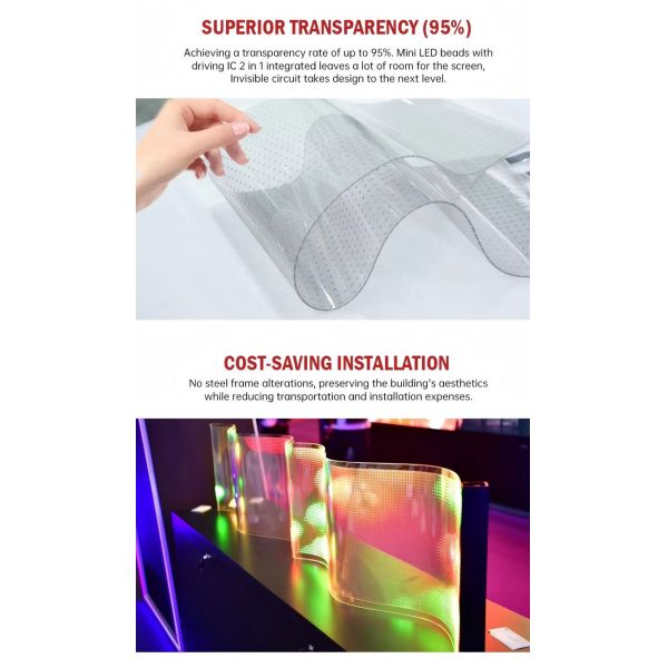 Flexible Design LED Transparent Film Screen with 100000hours Life Span and 200W/m2 Average Power