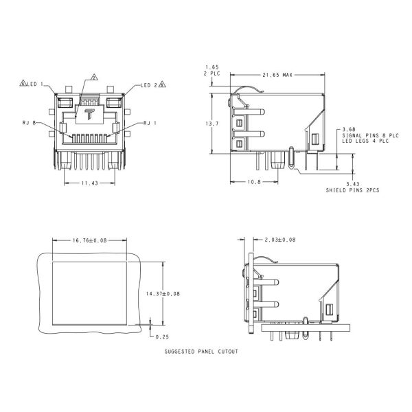 2250034-1 Magnetics RJ45 Jack 100BASE-T Tab Up With Leds