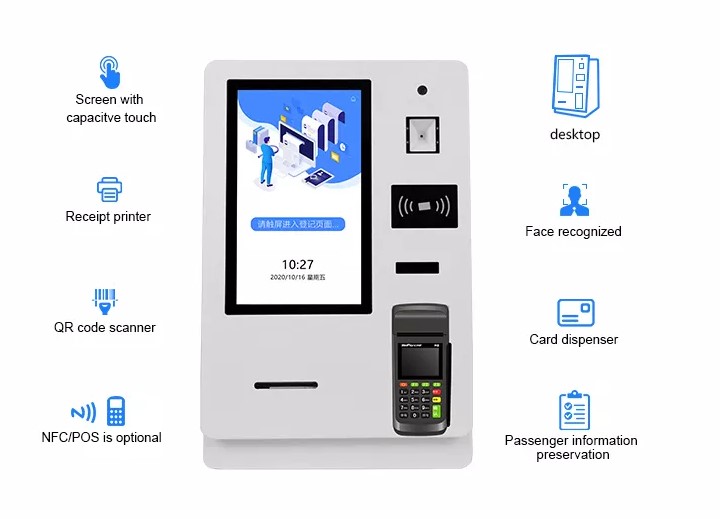 15.6 Inch Automatic Smart hotel check in kiosk With Card Dispenser Passport Scanner