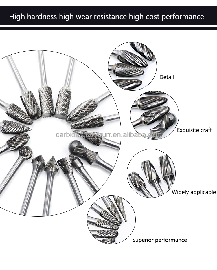 10pcs Tungsten Carbide Burr Set 6mm 1/4 Shank Double Cut for Metal Wood