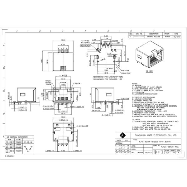 8P8C Female RJ45 SMT Connector Jack Socket With Leds H11.60mm