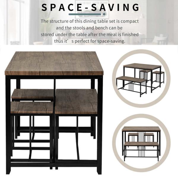 43.3“L Wooden Dining Room Table And Chair Set With 1 Bench 2 Stools