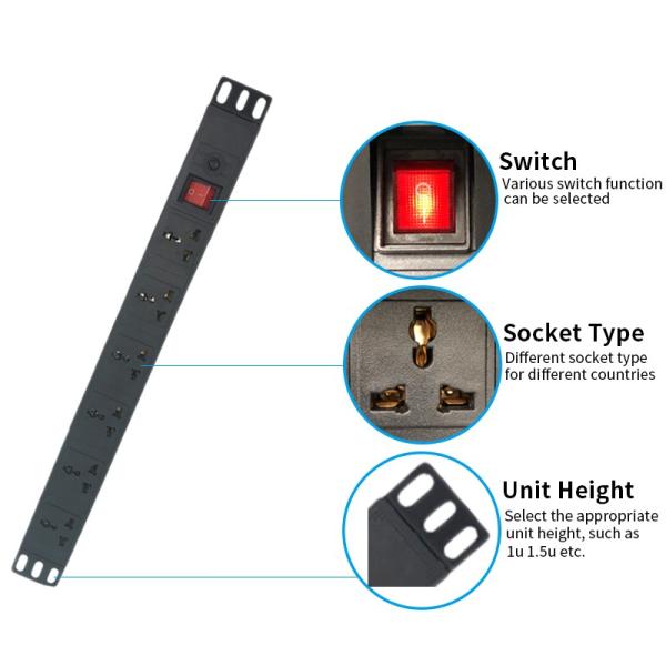 220 250V 50 60Hz 19 Inch Rack PDU , Universal Socket Tool 2500W Max Output Power