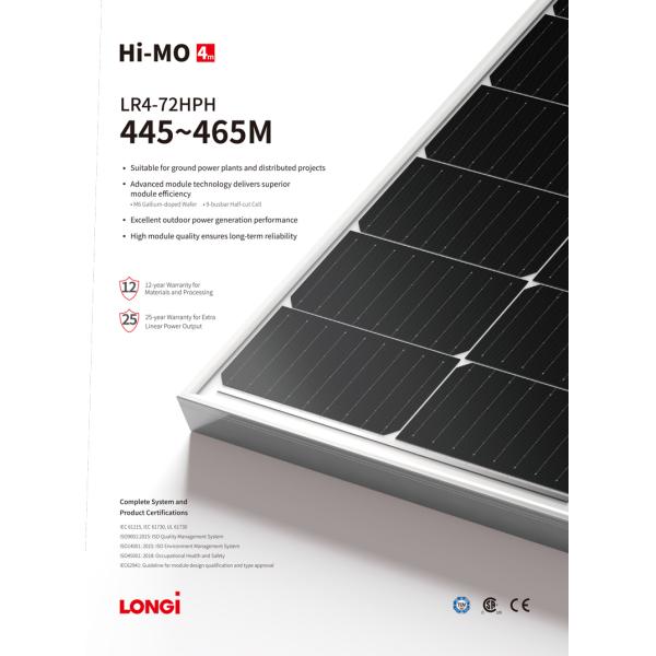Longi Polycrystalline Solar Panel Half Cell Hi Mo Facial 450w LR4-72HPH-450M