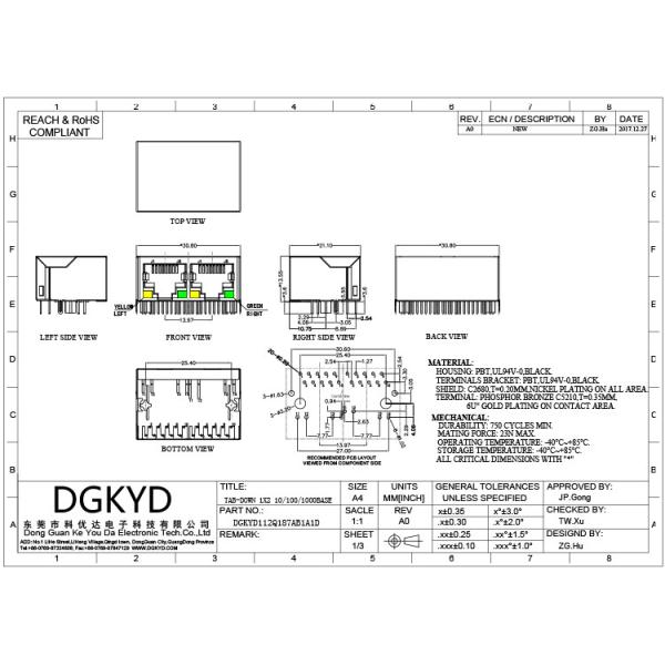 10Pin RJ45 Multiple Port Connectors PBT Phosphor Bronze DGKYD112Q187AB1A1D