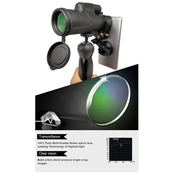 IPX7 Waterproof Mobile Phone Telescope , 12x50 Monocular Telescope For Smartphone
