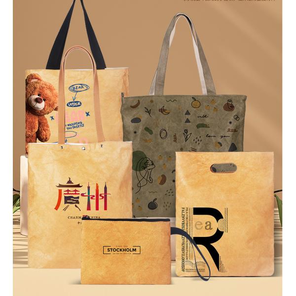 Recycle Untearable Durable Waterproof Eco-Friendly Punched Tote Tyvek Dupont Kraft Paper Shopping Handbag With Polyester Lining