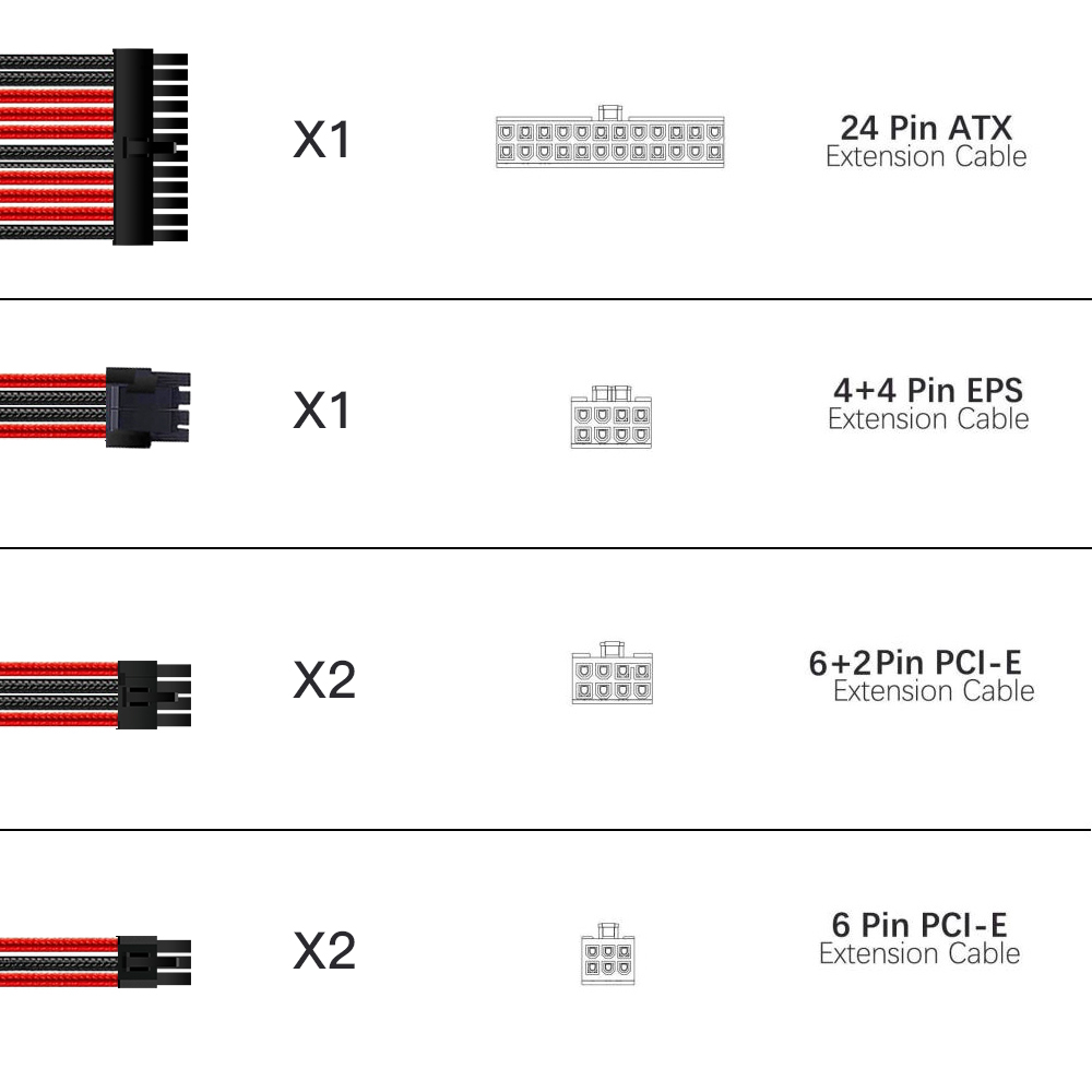 Green Sleeved Cables PSU Extension Cable Kit with 30CM Sleeved 24-PIN 8-PIN 6-PIN 4+4-PIN for ATX Power Supply