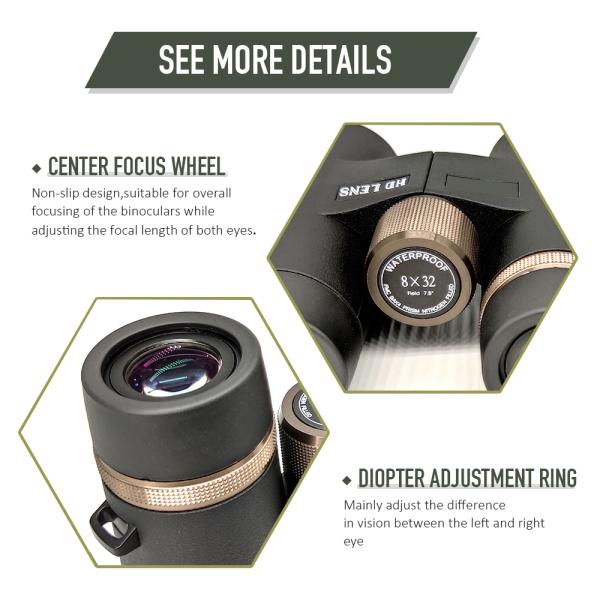 HD 8x32 Binoculars Waterproof & Fogproof For Adults BaK 4 Prisms