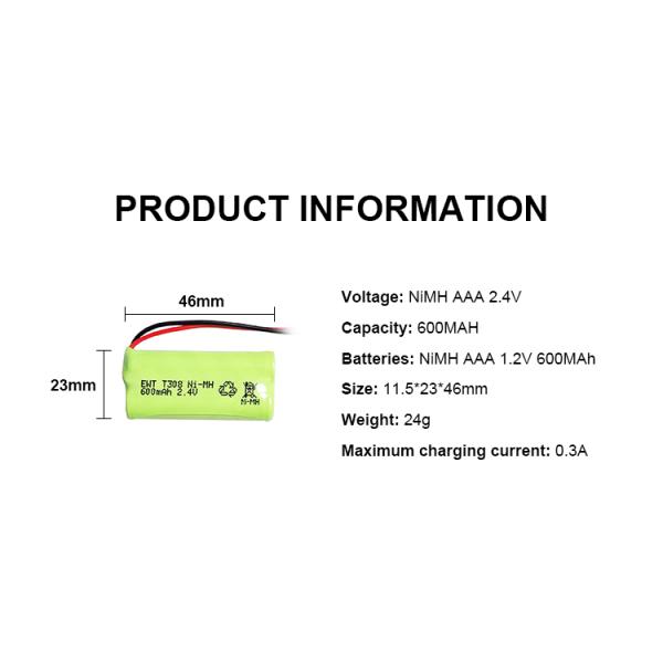 Custom Nickel Rechargeable Battery Pack 2.4V 600mah Nimh Aaa Battery