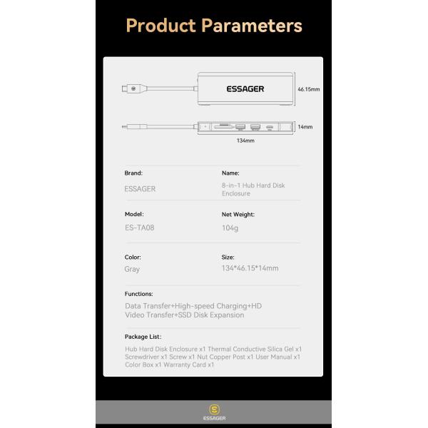 8 In 1 M.2 SSD Interface Enclosure Port USB C Hub PD 100W Fast Charging For Laptop Expansion