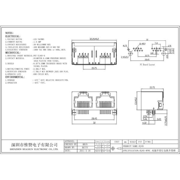 RJ45 Right 8P8C PCB Mount Modular Jack Metal Shielded Modular Jack