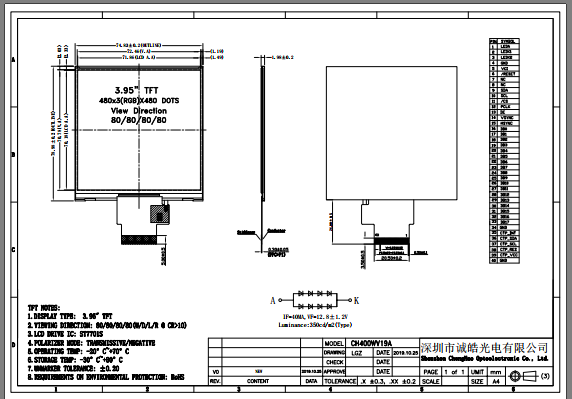 350nits 3line SPI 24bit RGB Interface IPS Display Screen OEM 4 Inch