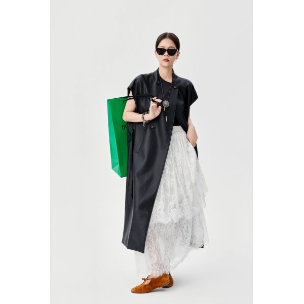 Autumn And Winter New PU Long Waisted Vest White Lace Wide Leg Pants