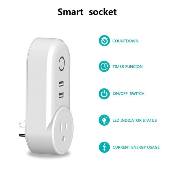 Smart WiFi Power Plug Outlet Socket with 2PCS USB Port App Control Timer Function Compatible with Amazon Alexa Google