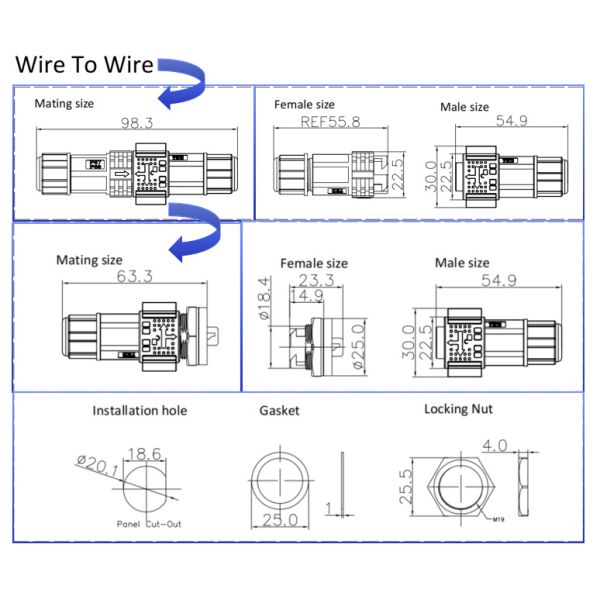 Male Female Plug Cable 8 Pin Waterproof Connector IP67 M19 With Push Locking