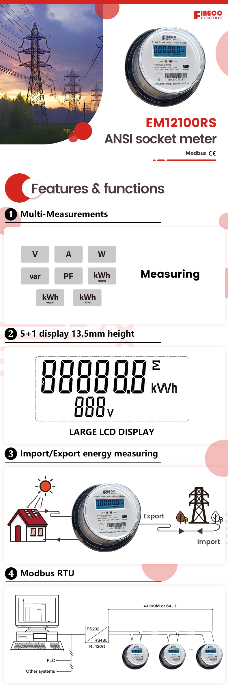 Class1 Accuracy ANSI Multifunction Socket Energy Meter for 200A 120/240V AC Output Voltage