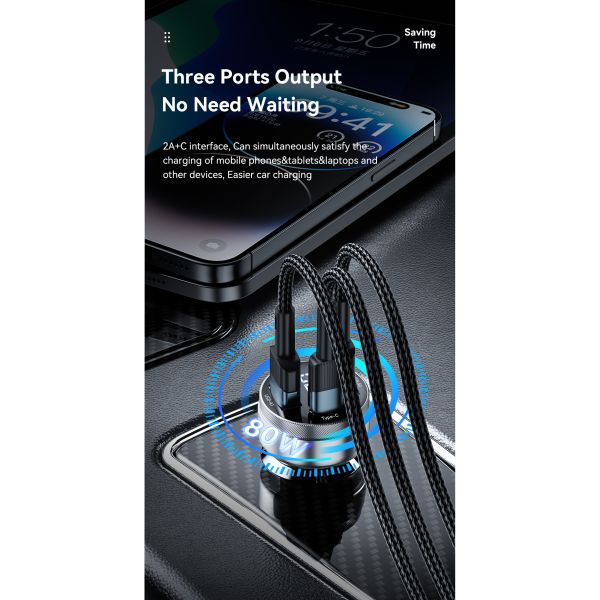 Essager 2022 Fenglang Aluminum alloy digital display car charger 80W 3 in 1 Car Charging 2 USB A Type C Fast Car Charger