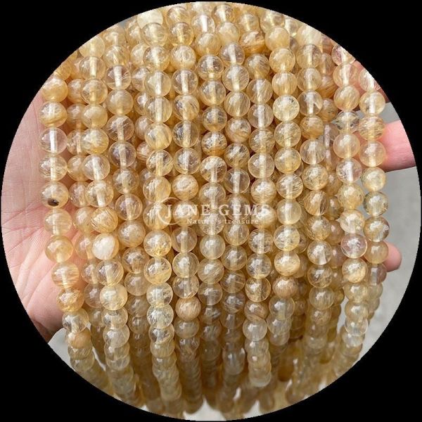Polished Gemstone Round Cut Fire Quartz Golden Rutilated Quartz Bead Strands for DIY Jewelry Making