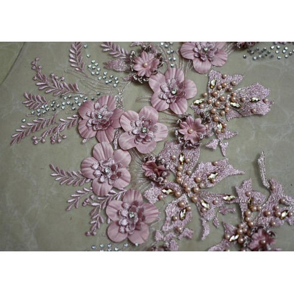 Embroidered 55 Inch Peach Color 3D Floral Rose Lace Fabric With Beads And Sequins