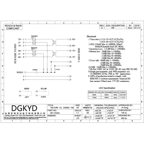 Metal shield Female 1x1 tab down 100base PoE RJ45 Network Jack with Led for Set-top Box