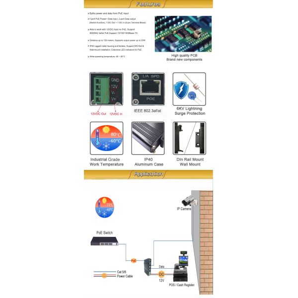 12VDC Output Industrial IEEE802.3af/at PoE Splitter with 2 Ports PoE Switch Function