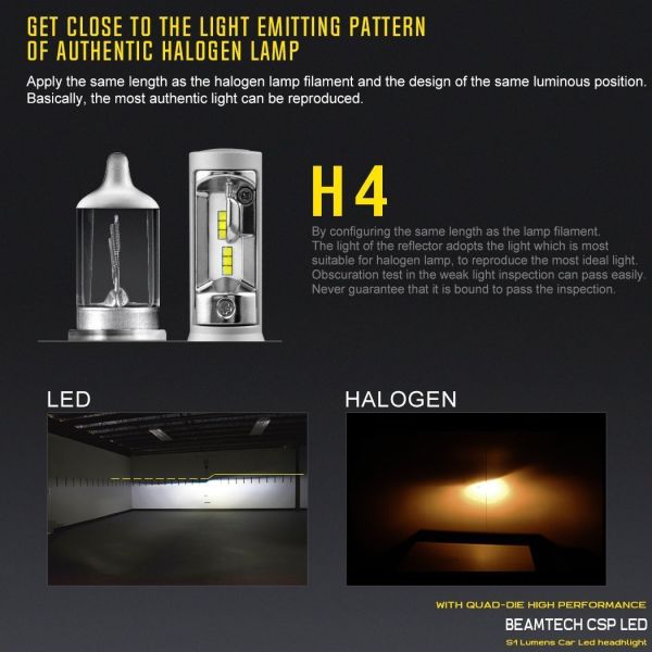 H4 LED Headlight Bulbs Conversion Kit CSP LED Chip 6500K Cool White 50W 8000lm - 3 Years Warranty