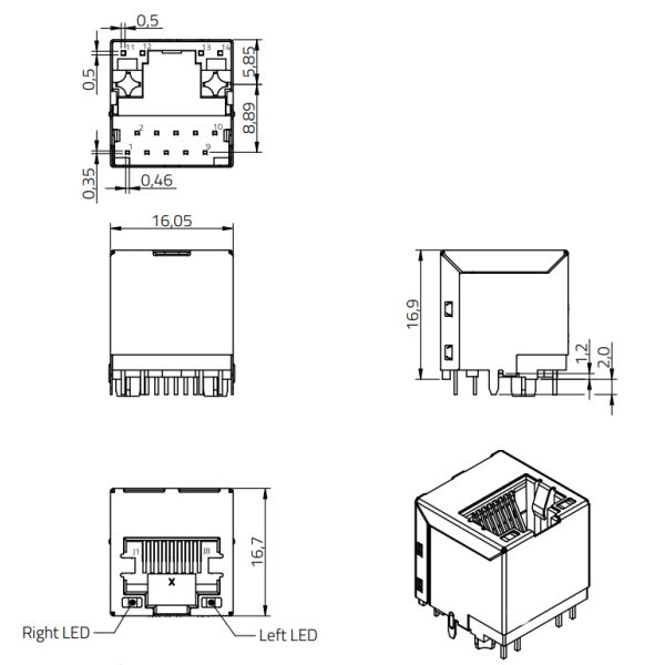 Tab Vertical 1000BASE-T Non-PoE RJ45 Jack For Broadcom 74981104402