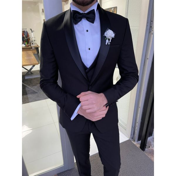 Men'S 3pc Tuxedo Suit Hanover Black Slim Fit Shawl Lapel Tuxedo