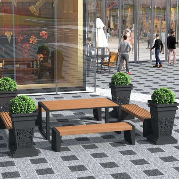 Extra large planter pots and outdoor urban bench with flower pot