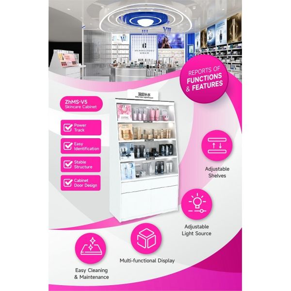 ZhMS-V5 Power Track Skincare Display Cabinet with LED Strip Lights and Black Paint