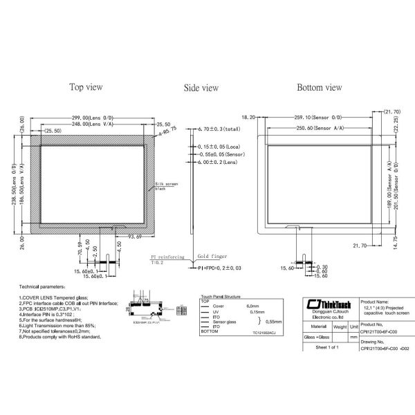 Projected Capacitive PCAP Touch Screen Ratio 4:3 Square 12.1inch