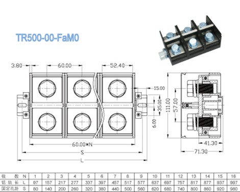 Single Level High Current Terminal Block Connector 600V 500A Pitch 60.00mm