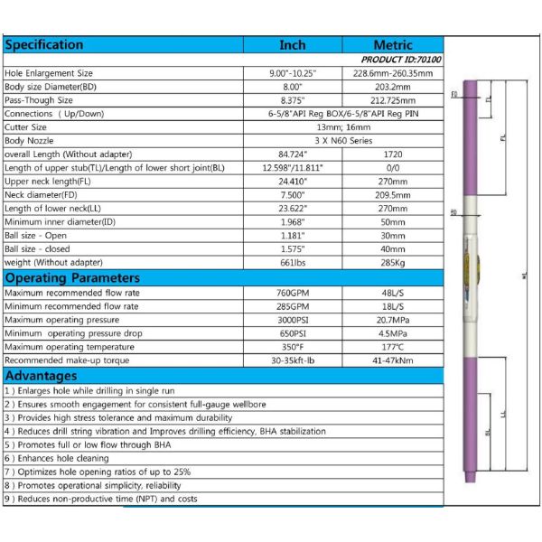 12 Inch oil Hole Down Diamond Reamer with PDC Fixed Blades