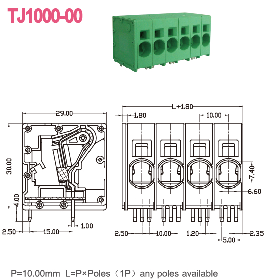 10.00mm Any Poles 600V 66A Copper Terminal Connector Green 4-20 AWG