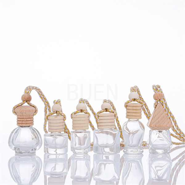 Car Hanging Wooden Cap Glass Aroma Diffuser Bottle Round Car Diffuser Perfume Bottle