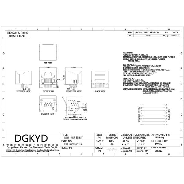 1x1 Right Angle 8p8c RJ45 shielded Connector without internal transformer