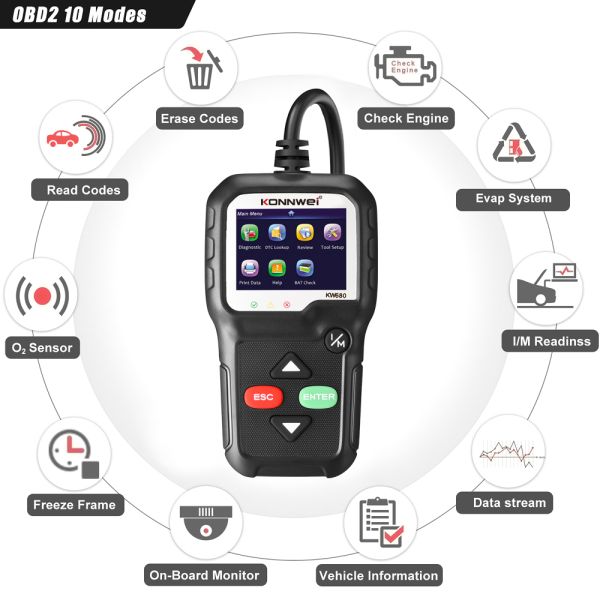 Fault Code OBD2 O2 Sensor Auto Diagnostic Tool KONNWEI KW680 with 2.4inch LCD Screen