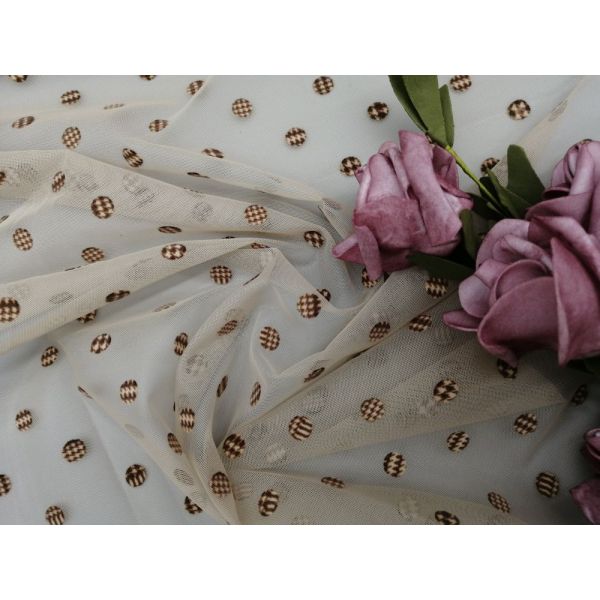 Brown 100% Polyester 140CM Flocked Mesh Tulle Fabric For Girl Dress