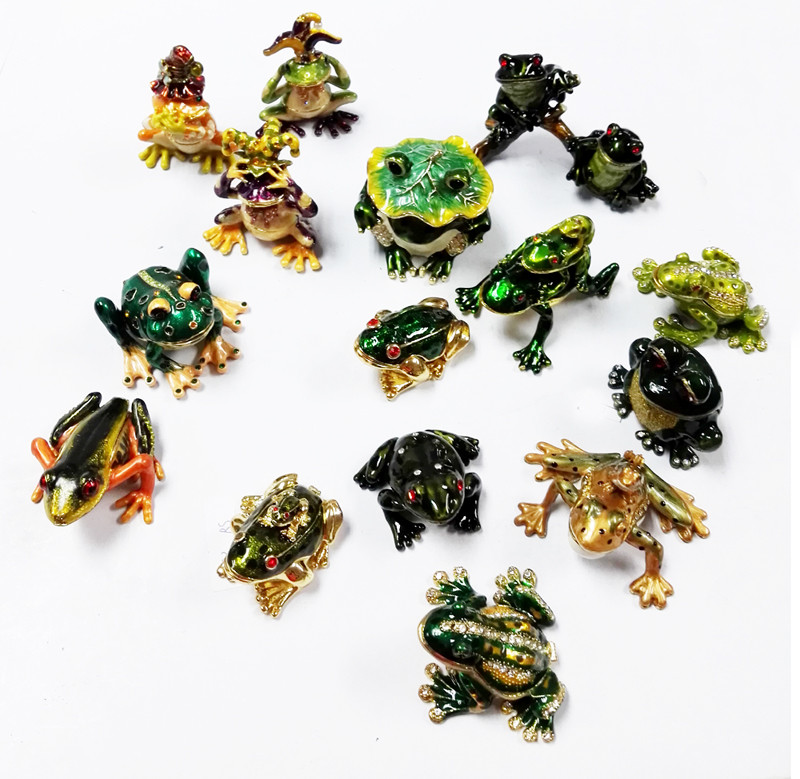 Mini Metal Frog Trinket Box Hinged Hand-Painted Animal Crystal Rhinestone Frog Jewelry Trinket Box Wedding Lady's Gift